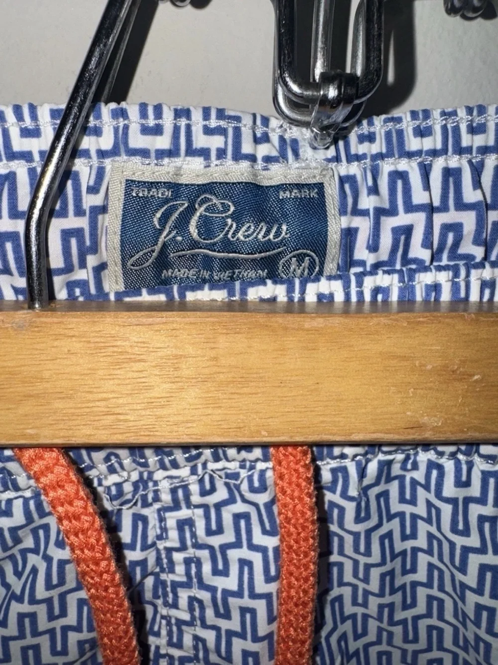 J. Crew Blue Geo Swim Trunks with Orange Drawstring